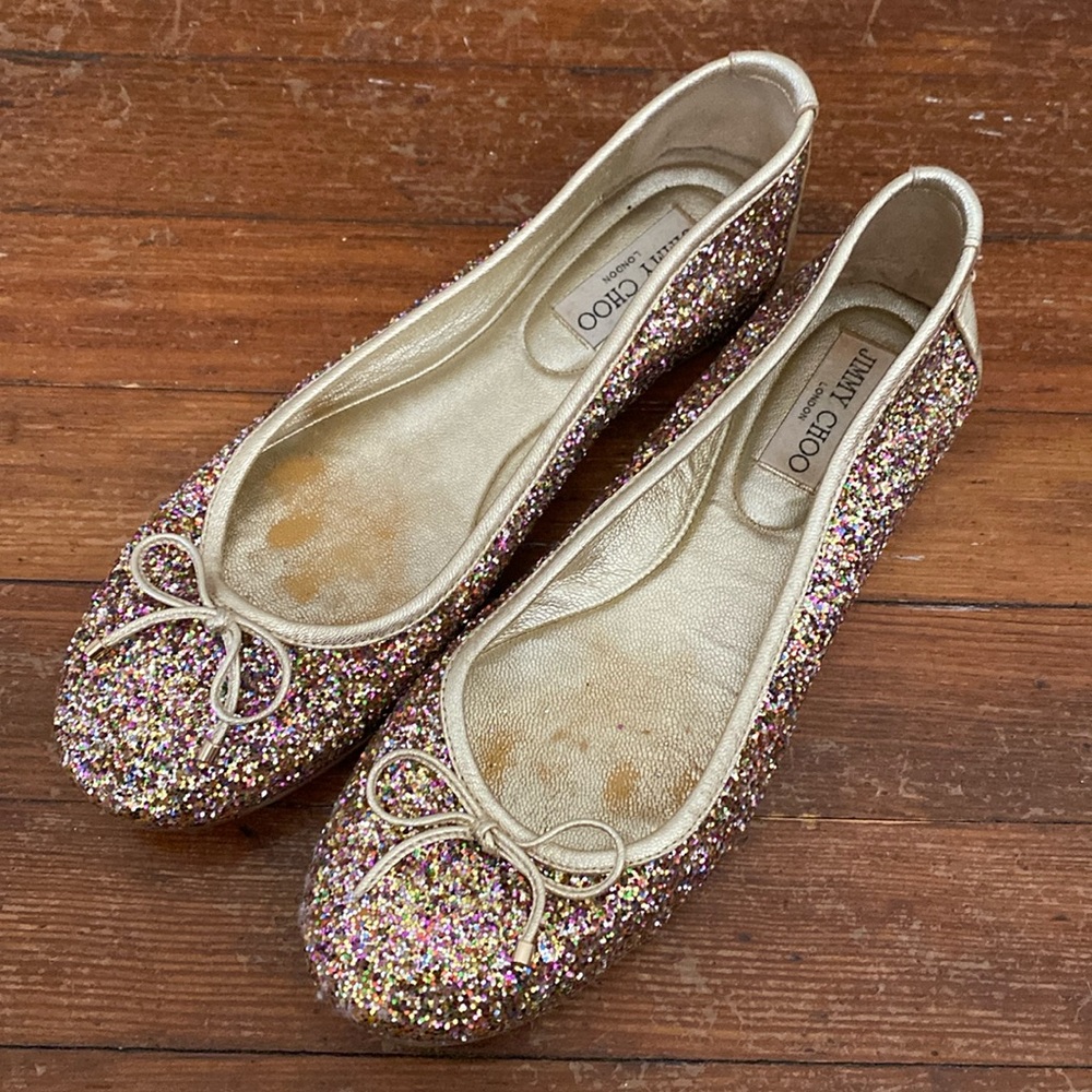 Jimmy Choo Multicolor Glitter Ballet Flats with Gold Trim-read below 👇